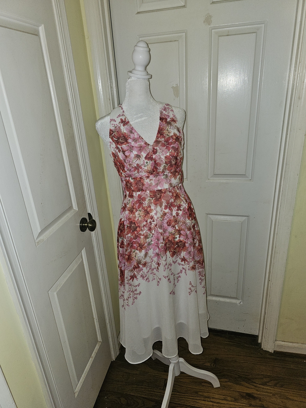 Maison Tara White Midi Dress with Pink Floral Print